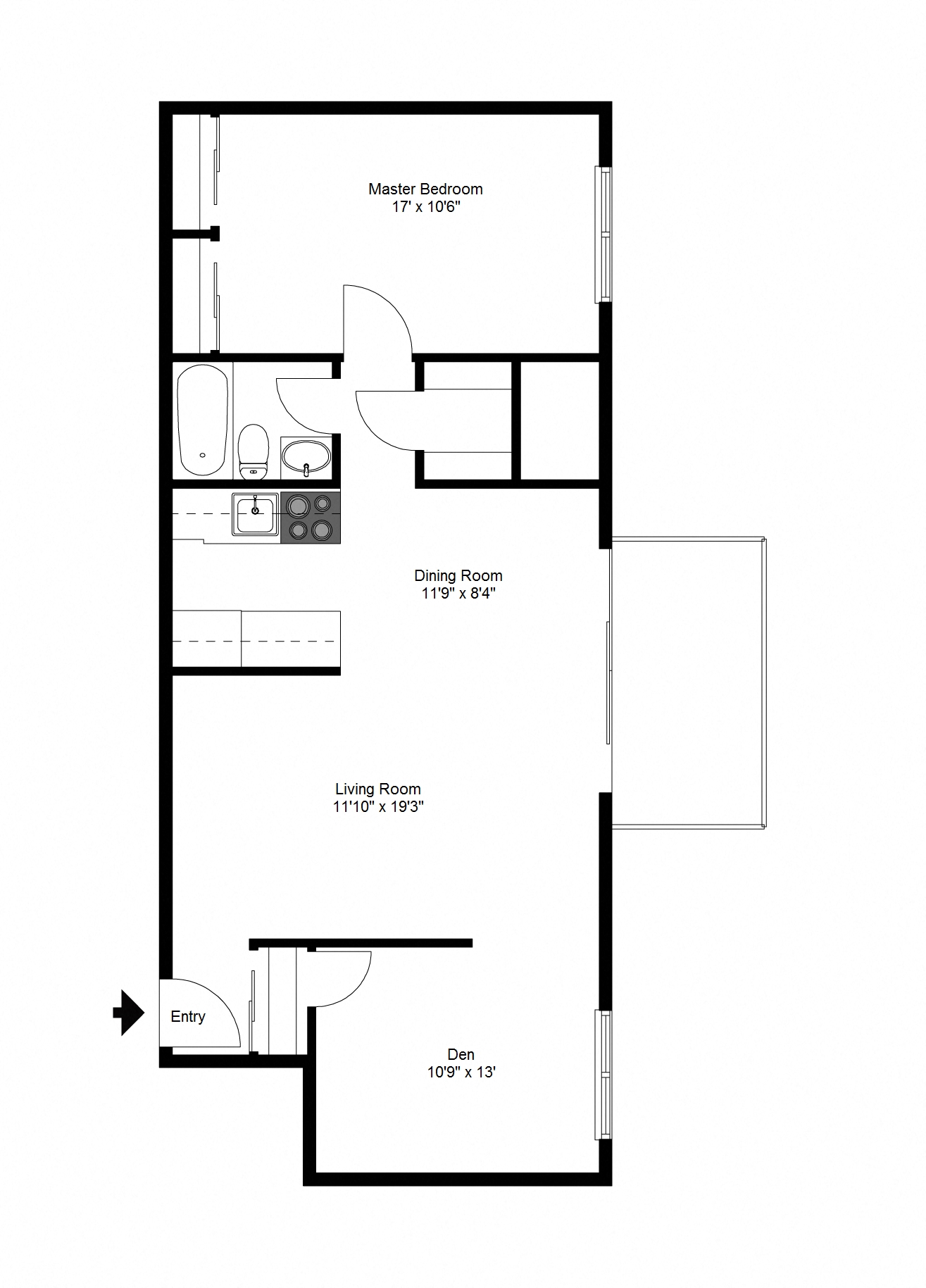 Floor plan for 1 bed, 1 bath, 900 sqft